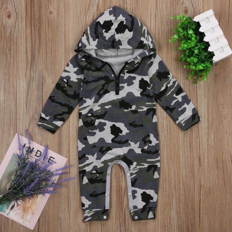 Newborn Baby Girl Boy Hooded Romper Jumpsuit Playsuit Clothes Outfit Camouflage Children Cute Autumn Winter Clothes