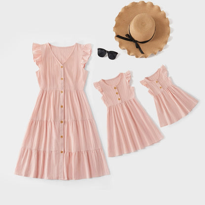 New Arrival Summer Cotton Solid Ruffle Matching Dresses Matching Outfits Mommy and Me Mother and Children's Clothing