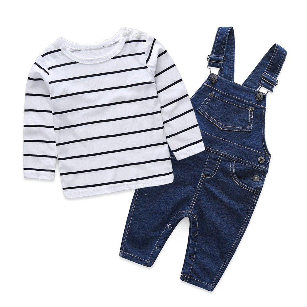 Mother & kids Striped baby boy clothes newborn long sleeve t-shirt + denim overalls newborn clothes casual baby clothing set