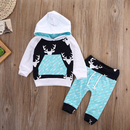 Christmas Kids Baby Girls Boys Reindeer Hooded Tops +Pants Outfits Set 2pcs suit baby boy clothes newborn