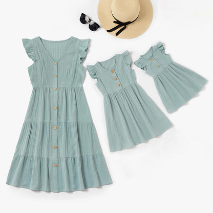 New Arrival Summer Cotton Solid Ruffle Matching Dresses Matching Outfits Mommy and Me Mother and Children's Clothing