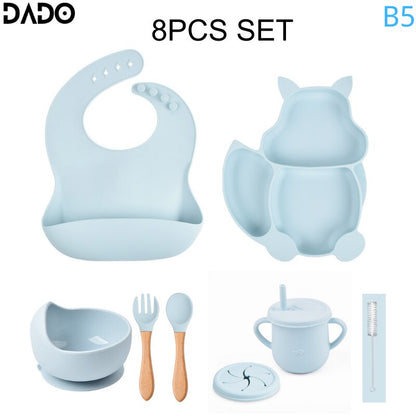 Baby Feeding Set Silicone Suction Bowls Divided Plates Straw Sippy Cup Toddler Self Eating Utensils Dishes Kit Bibs Spoons Fork