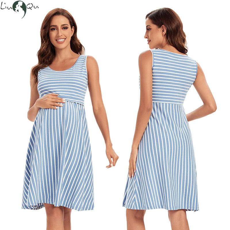 Nursing Dress Striped Baby Shower Breastfeeding Pregnancy Dress Elegant Sleeveless Premama Pregnant Dresses Vestido Robe Femme