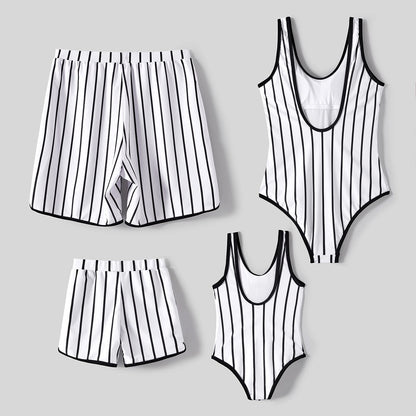 PatPat Family Matching Sunglass Figure Print Striped One-piece Swimsuit and Swim Trunks