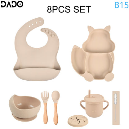 Baby Feeding Set Silicone Suction Bowls Divided Plates Straw Sippy Cup Toddler Self Eating Utensils Dishes Kit Bibs Spoons Fork