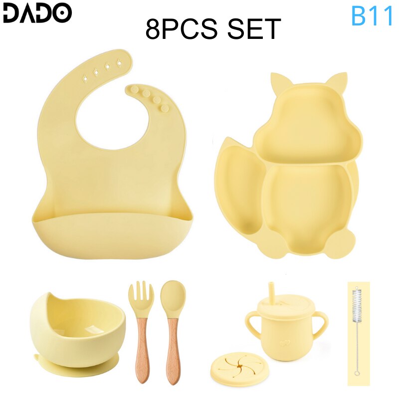 Baby Feeding Set Silicone Suction Bowls Divided Plates Straw Sippy Cup Toddler Self Eating Utensils Dishes Kit Bibs Spoons Fork