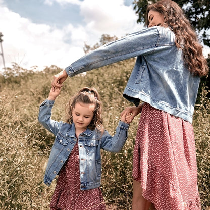 Family Matching Outfits Lapel Button Down Long-sleeve Distressed Denim Jacket for Mother and Daughter Matching Clothing