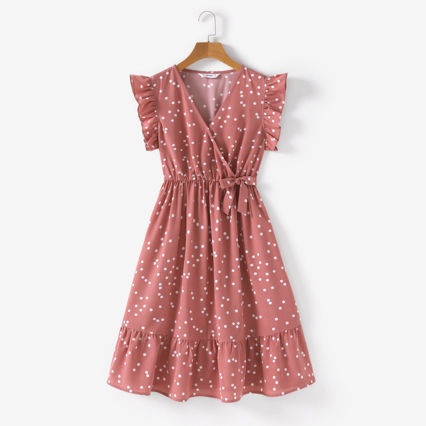 PatPat Family Matching Outfits Mother Daughter Clothes All Over Dots Pink Cross Wrap V Neck Ruffle Flutter-sleeve Dresses