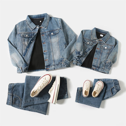 Family Matching Outfits Lapel Button Down Long-sleeve Distressed Denim Jacket for Mother and Daughter Matching Clothing