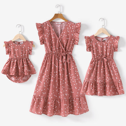 PatPat Family Matching Outfits Mother Daughter Clothes All Over Dots Pink Cross Wrap V Neck Ruffle Flutter-sleeve Dresses