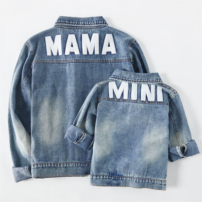 Family Matching Outfits Lapel Button Down Long-sleeve Distressed Denim Jacket for Mother and Daughter Matching Clothing