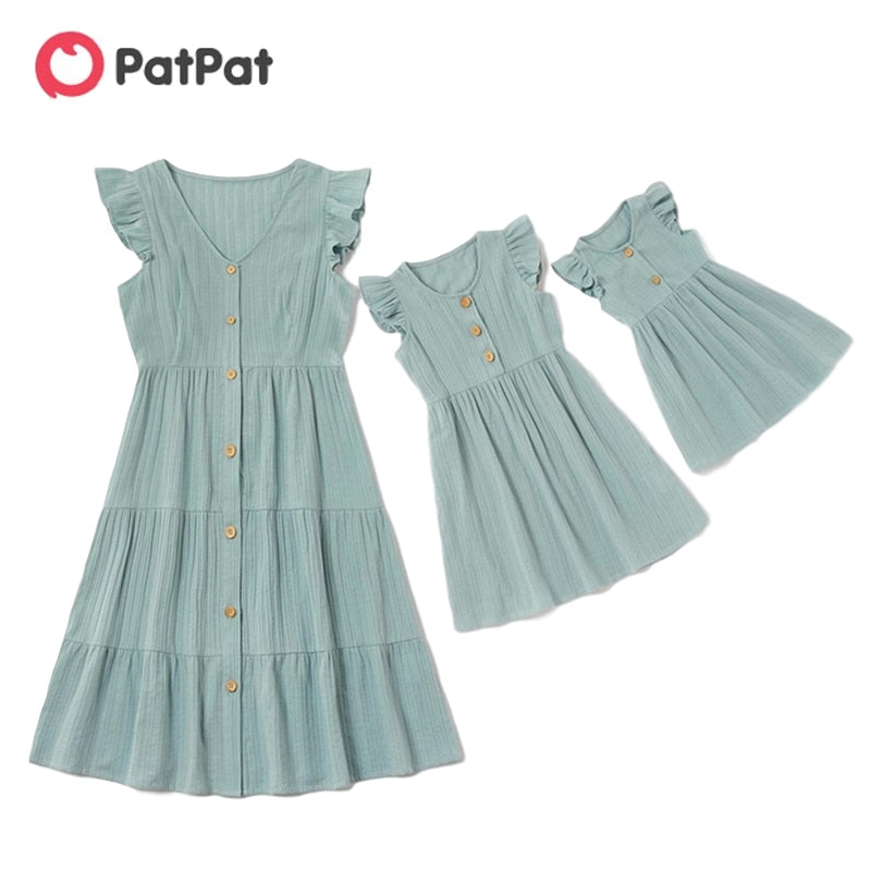 New Arrival Summer Cotton Solid Ruffle Matching Dresses Matching Outfits Mommy and Me Mother and Children's Clothing