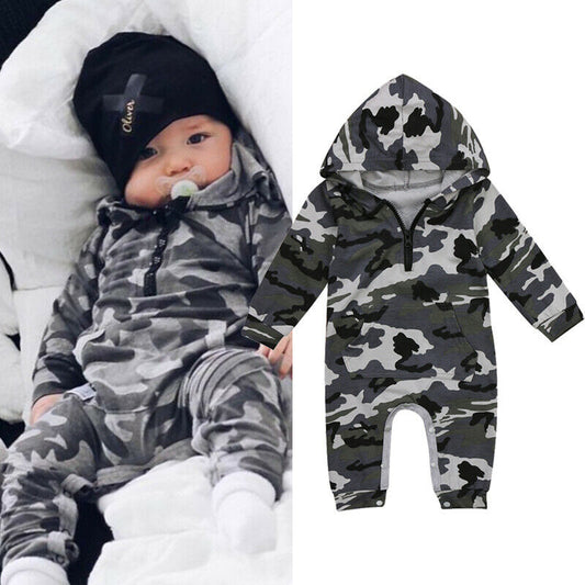 Newborn Baby Girl Boy Hooded Romper Jumpsuit Playsuit Clothes Outfit Camouflage Children Cute Autumn Winter Clothes