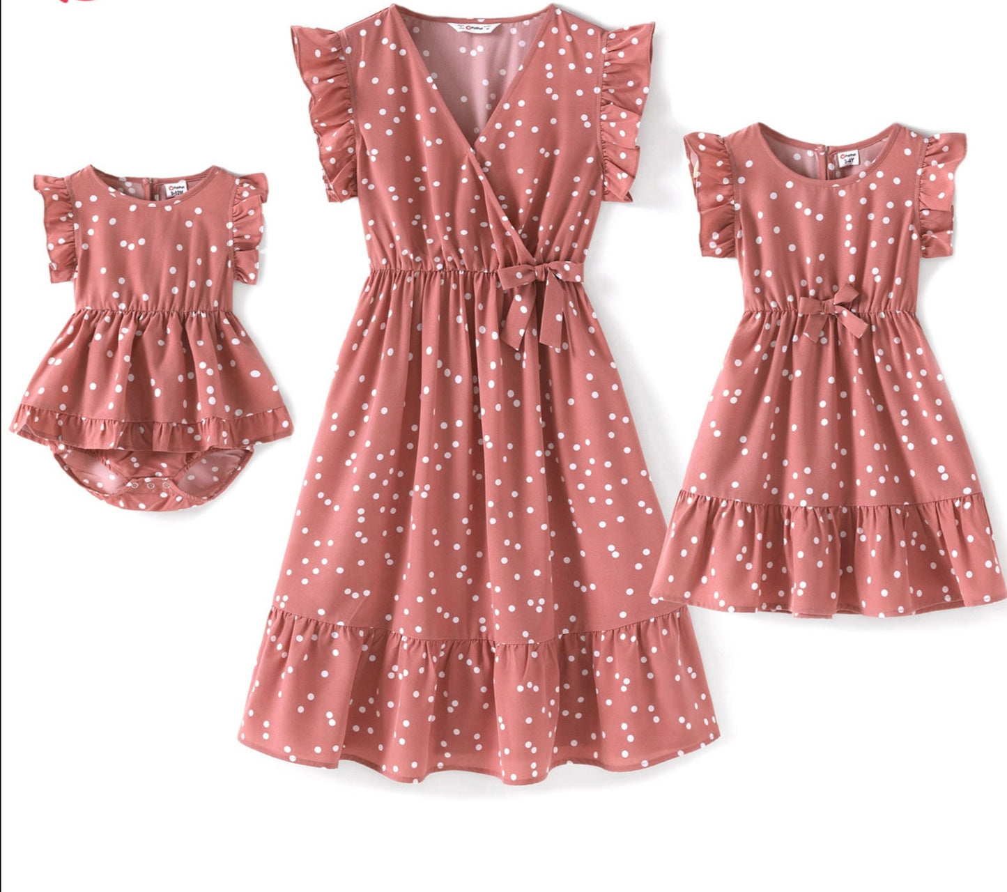 PatPat Family Matching Outfits Mother Daughter Clothes All Over Dots Pink Cross Wrap V Neck Ruffle Flutter-sleeve Dresses