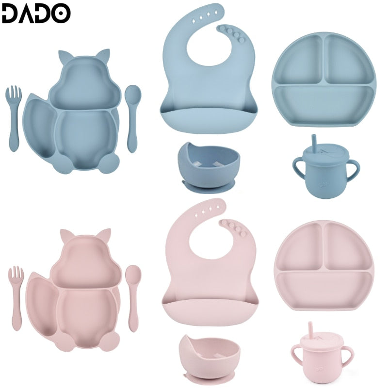 Baby Feeding Set Silicone Suction Bowls Divided Plates Straw Sippy Cup Toddler Self Eating Utensils Dishes Kit Bibs Spoons Fork