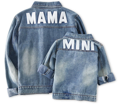 Family Matching Outfits Lapel Button Down Long-sleeve Distressed Denim Jacket for Mother and Daughter Matching Clothing